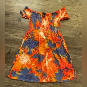 3/$15 orange and blue tie dye smocked off shoulder flowy mini dress